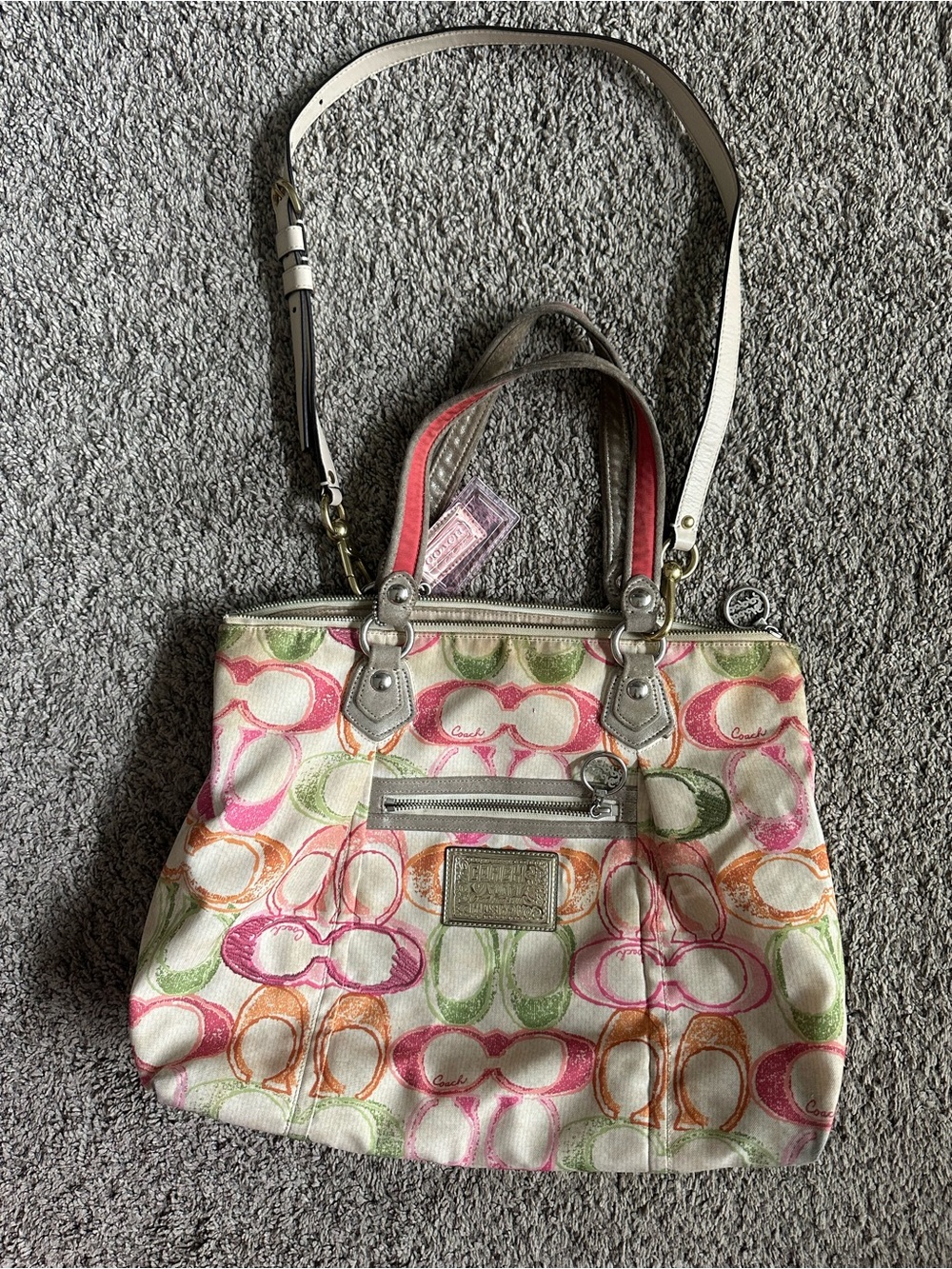 Coach Poppy Multicolor Logo Satchel Bag Charm Zip Lined Pockets Shoulder Strap